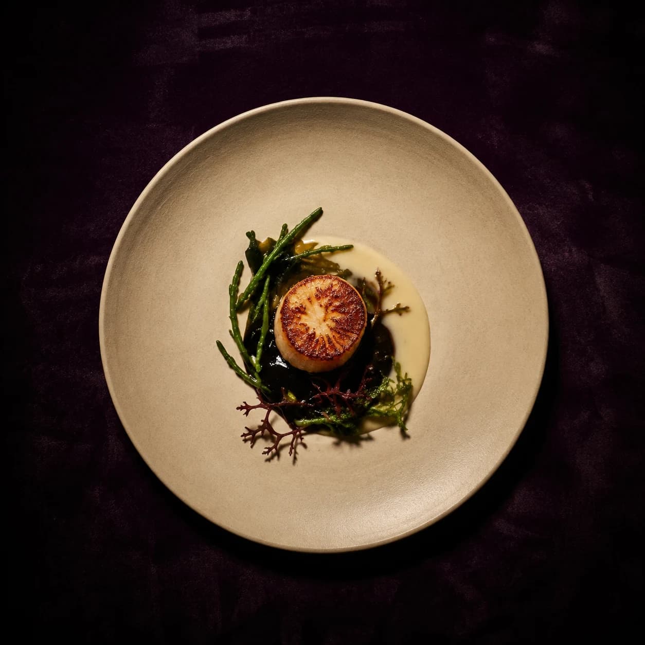 Caramelized scallop with sea herbs and yuzu sauce on a cream plate
