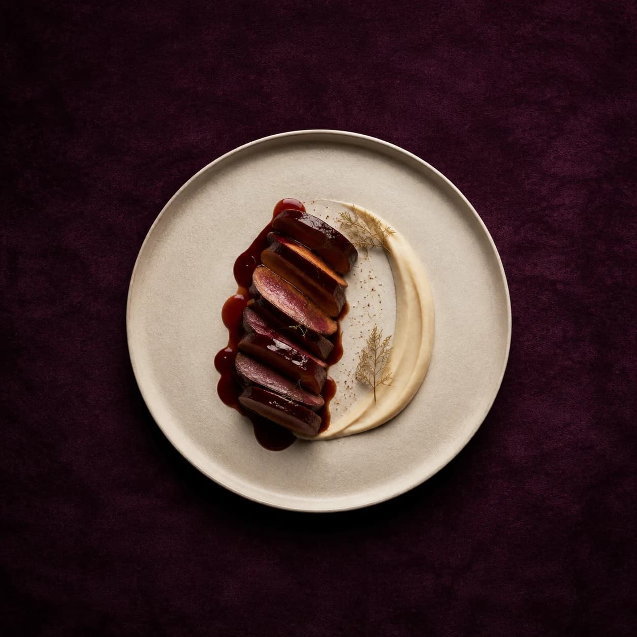Duck, sour cherry and celeriac arranged on a cream plate over aubergine velvet